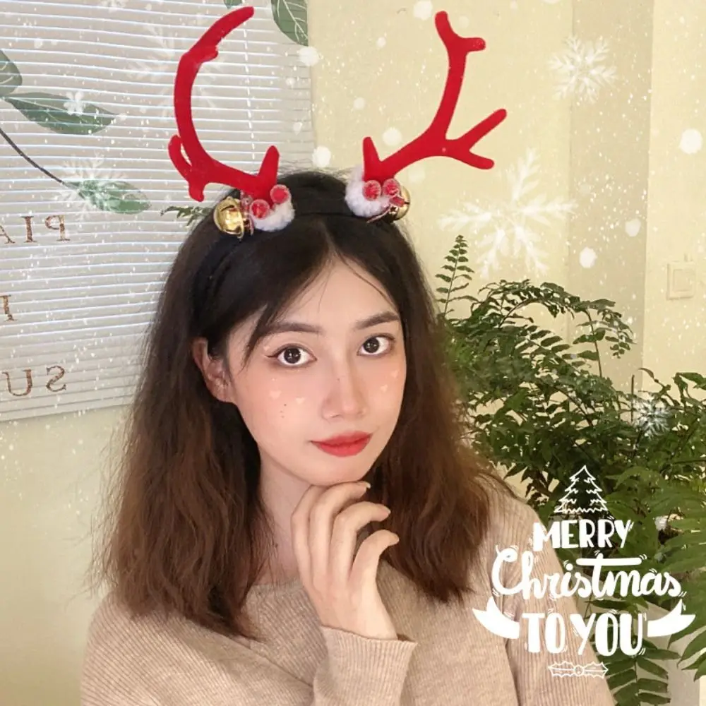 

Cute Bell Christmas Headband Plush Ball Bowknot Antlers Headband Flower New Year Elk Hair Hoop Men