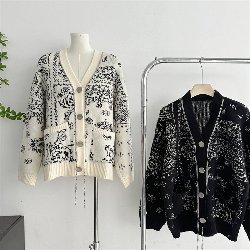 [ZOCI] Wind Heavy Industry Jacquard Velvet Sweater Jacket Autumn Winter Loose Soft Sticky Knitted Cardigan