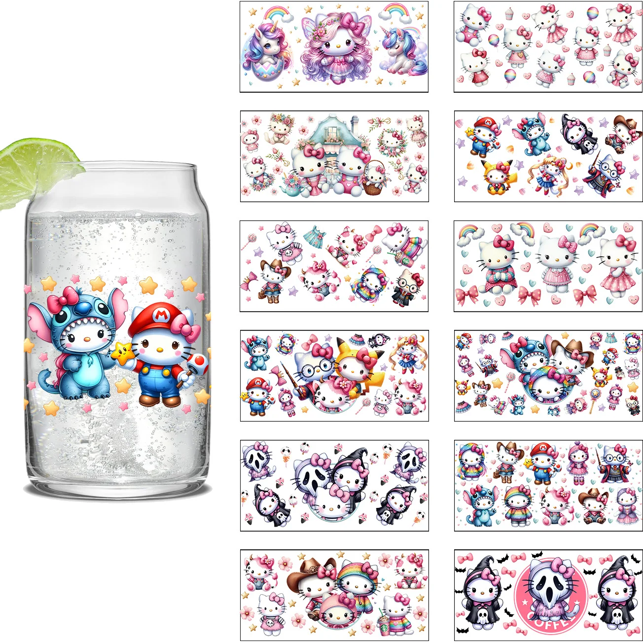 

Kitty cartoon series easy peel waterproof DIY Decals 3D transfers uvdtf stickers 16oz uv dtf cup wraps for Libbey Glasses