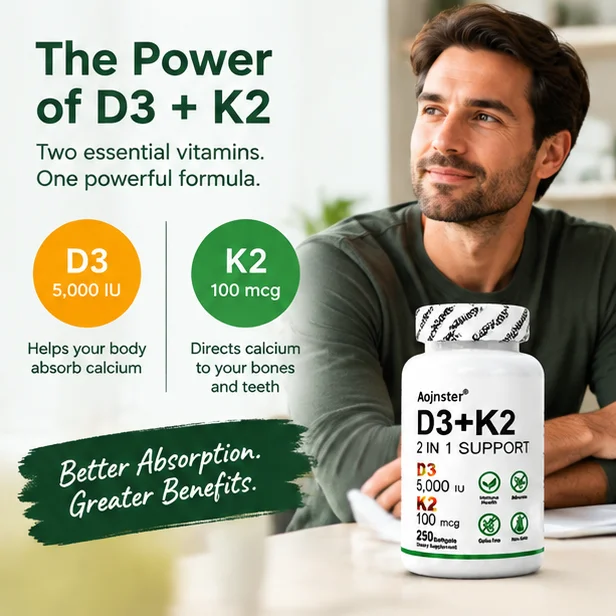 2-in-1 Vitamin D3 K2 Supplement Softgels, 5000IU Vitamin D3 plus 100mcg K2, Gluten-Free Non-GMO, Support Bone and Immune System