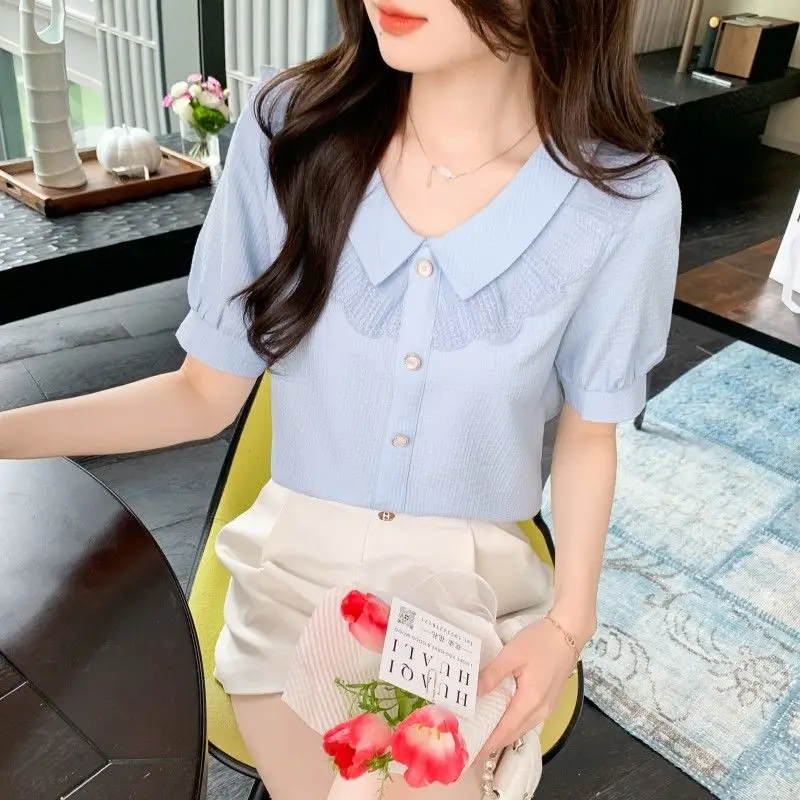 2024 New Summer Korean Style Retro Loose Casual Office Lady Women's Shirt Solid Button Chiffon Lapels Short Sleeve Y2K Chic Tops