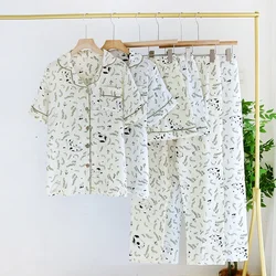 女性用3ピースパジャマセット,ピュアコットンクレープ,半袖,ショートパンツ,ロングパンツ,家庭用家具,新しい春と夏,100%
