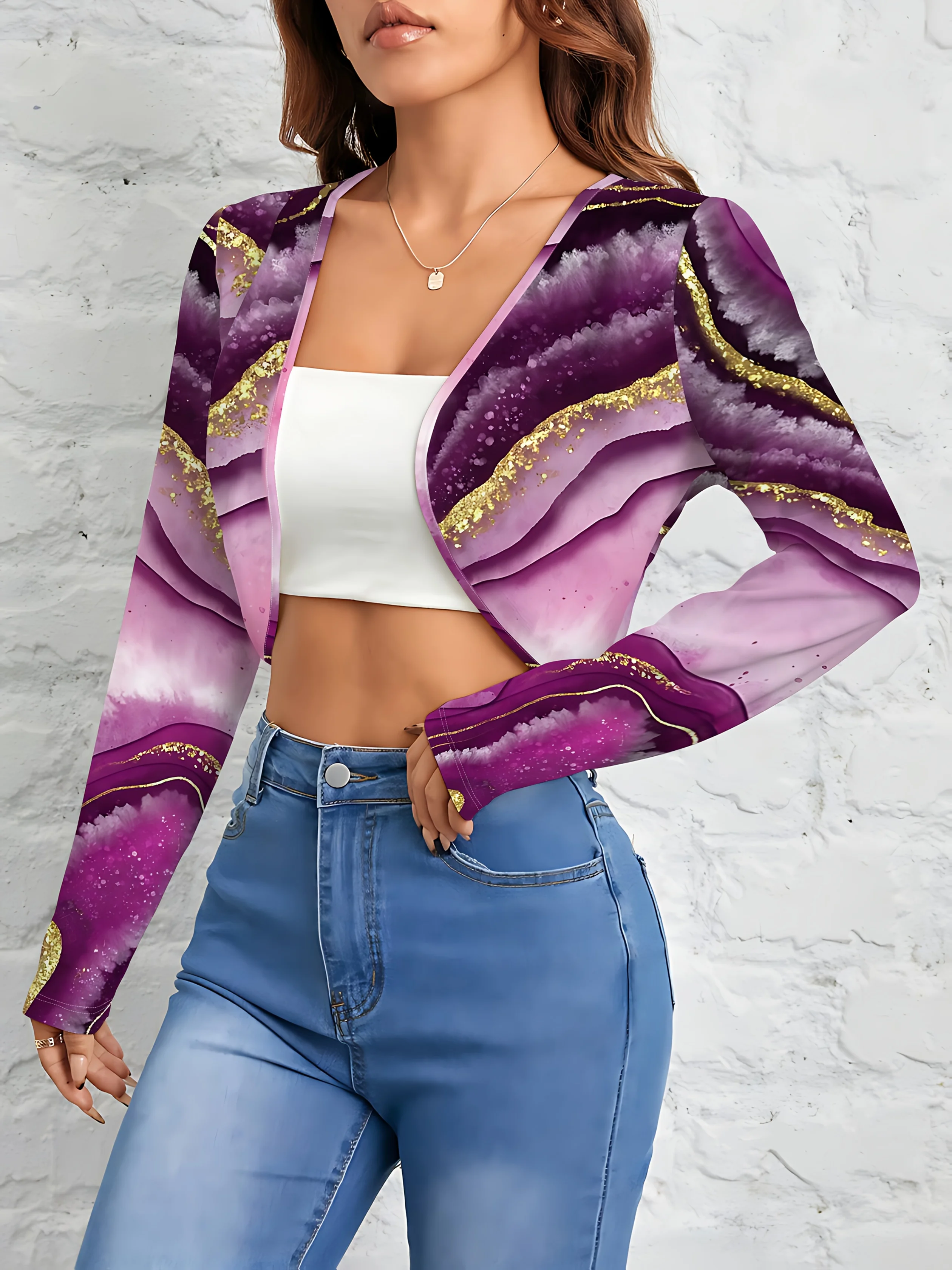 Printed Design Casual Style Purple Gold Wave Print Design Women's Cardigan