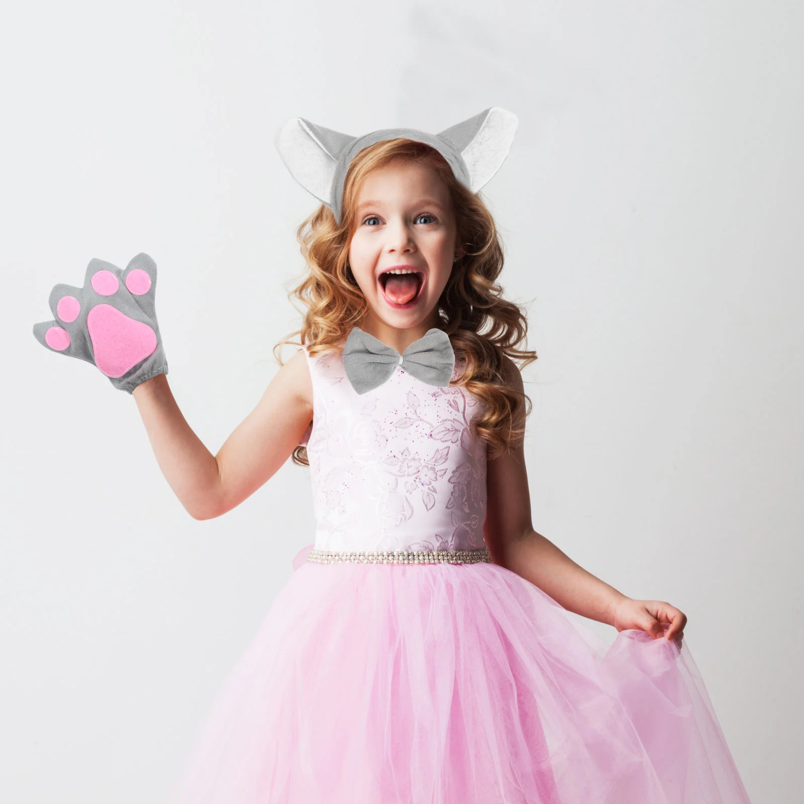 5 ชิ้นใน 1 ชุดสร้างสรรค์สัตว์หมาป่าใหญ่คอสเพลย์เครื่องแต่งกายแถบคาดศีรษะ Bow Tie Paws ถุงมือตาข่ายกระโปรงชุดเด็ก Performance Stage H