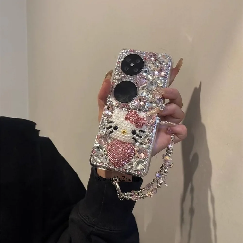 Sanrio Hello Kitty Hülle für Motorola Razr 40 50 für Moto Razr 60 70Ultra Kristall-Strass Stoßfeste Hülle mit Kette und Trageband – Detail 2