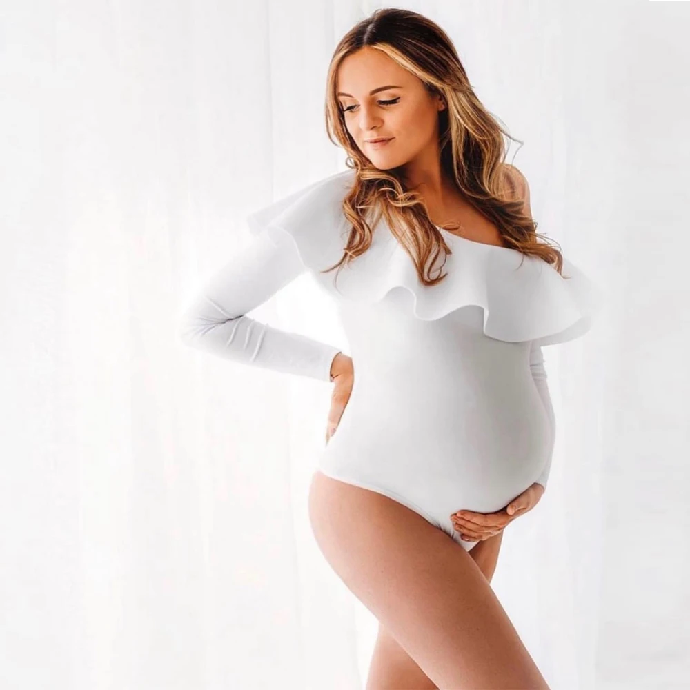 Slope Shoulder Maternity Photography Props Bodysuit Stretchy Pregnant Woman Photoshoot Bodysuits