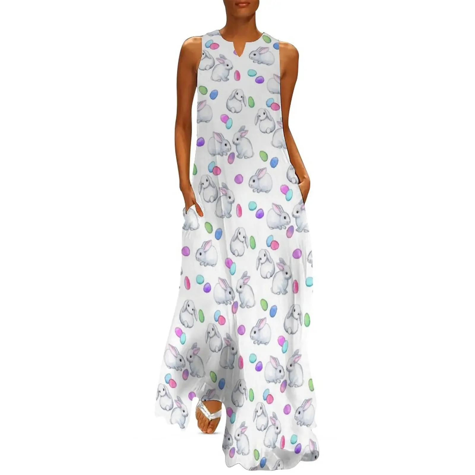 

Easter Bunnies with Rainbow Pastel Eggs on white Long Dress luxury woman party dress women's luxury party dress