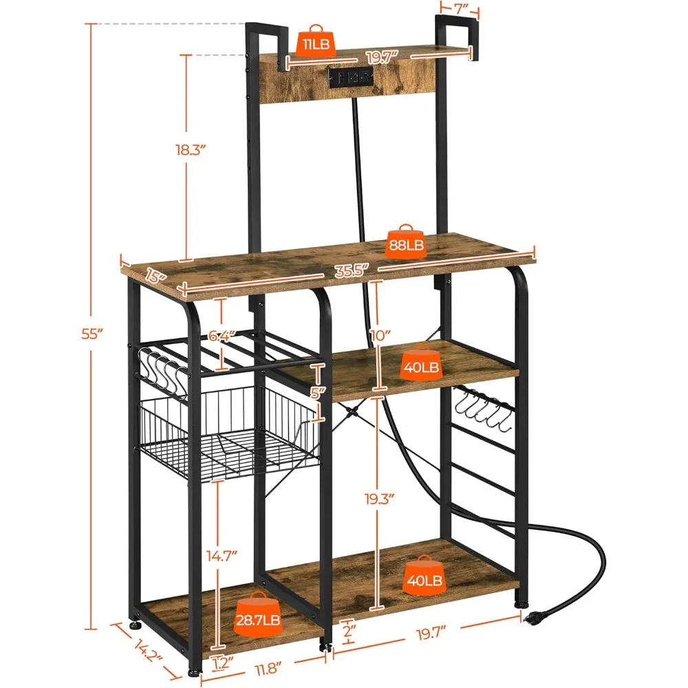 Yaheetech Kitchen Bakers Rack with Power Outlet, Coffee Bar Microwave Stand with Wire Basket and Wine Rack & 10 S-Hooks, Kitchen