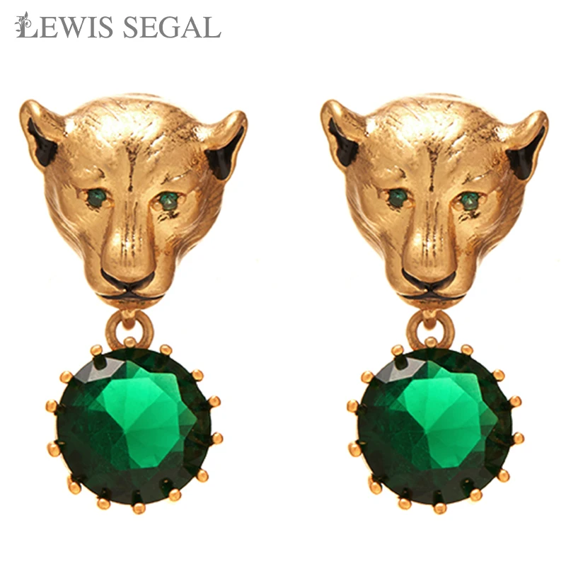 LEWIS SEGAL 18K Gold Plated Emerald High Quality Luxury Animal Leopard Fine Earrings Women's Hip-Hop Personality Senior Jewelry