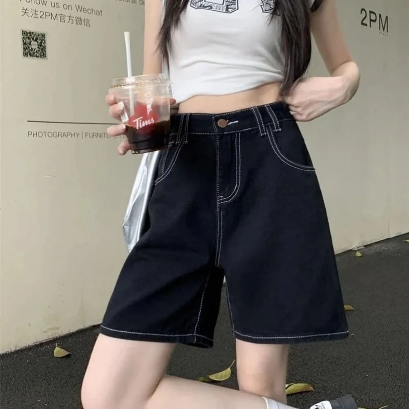 

American Retro Black Denim Shorts for Women 2025 New Summer Loose Straight Wide-leg Mid-leg Pants Five-point Pants Trendy Jorts