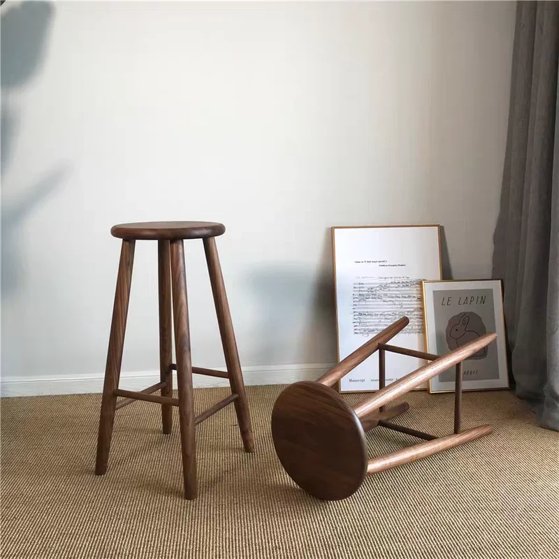 Black Walnut Round Stool Solid Wood High Footed Bar Chair Home Japanese Style Counter Seats Versatile Stable Modern Furniture