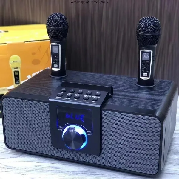 New Vintage K08 Duo Chorus Karaoke Family Karaoke For, Wireless Microphone Bluetooth Audio Wooden Subwoofer