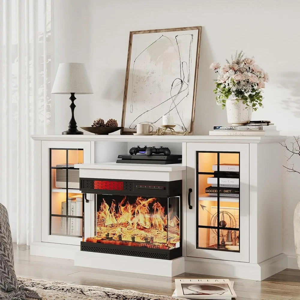 59'' Fireplace TV Stand 3 Sided Glass Fireplace   Glass Door Adjustable Flame LED Color