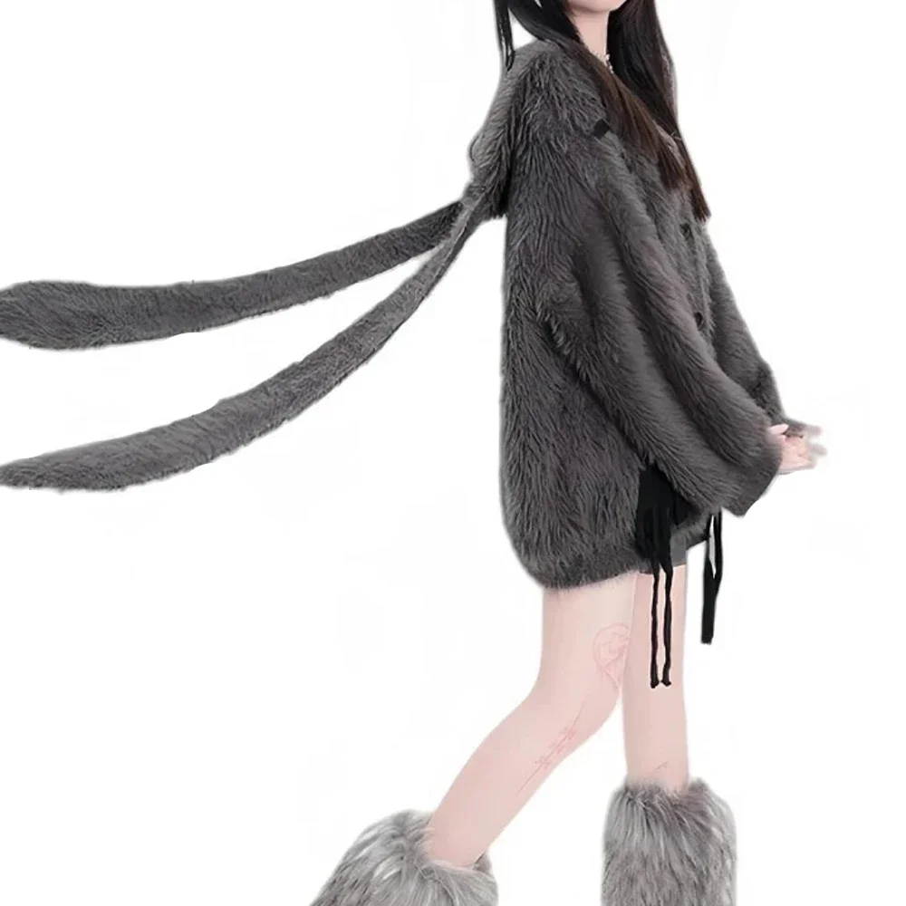 Kawaii Y2k estetyczny śliczny uszy królika sweter z kapturem Harajuku wróżka bandaż Grunge płaszcze Streetwear kobiety puszysty sweter płaszcz