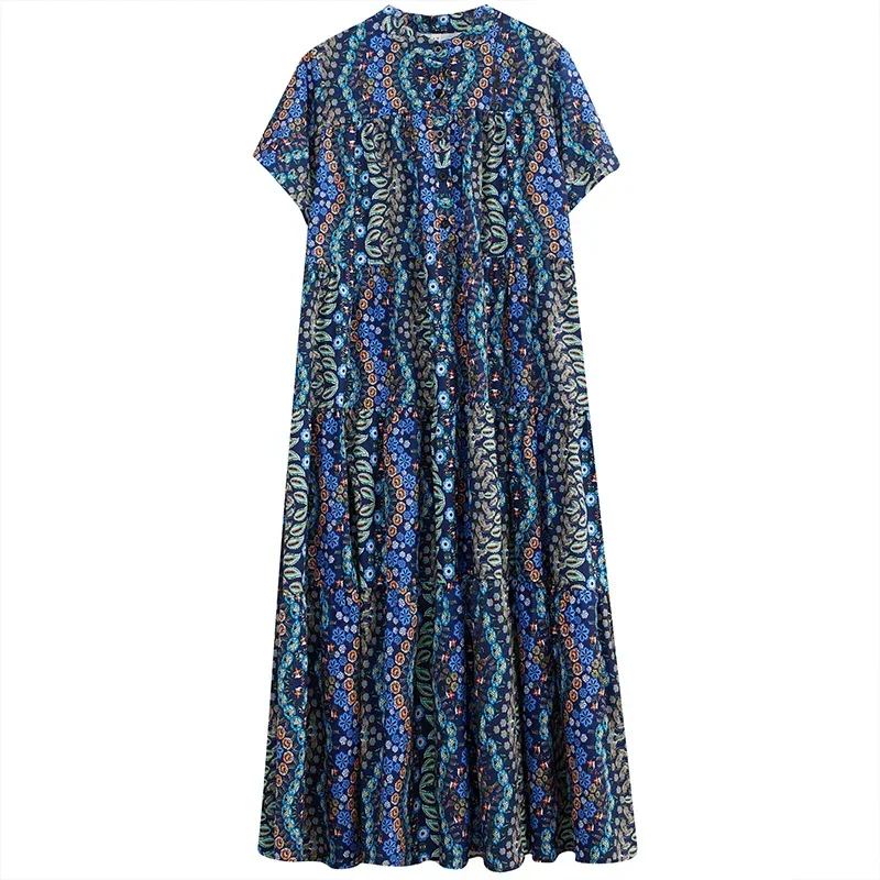 Vintage Chiffon Print Plus Women A Line Multicolor Dress Allover Print Notched Neckline Smock Dress