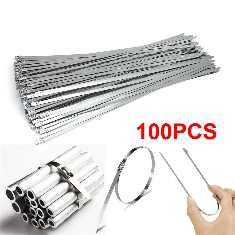 100Pcs 304 Stainless Steel Metal Cable Ties Exhaust Wrap Coated Locking Metal Zip-Exhaust Multifunctional Locking Cable Ties