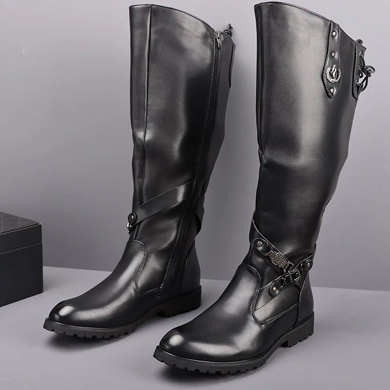 men's fashion singer DJ stage high motorcycle boots black designer shoes cowboy natural leather boot handsome long knight botas