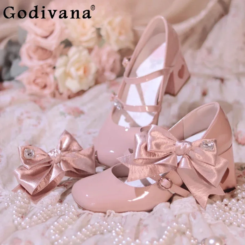 

Original Lolita Pink Princess High Heels Women's Girls Sweet Mary Jane Shoes Ladies Elegant Bow Rhinestone Wedding High Heels