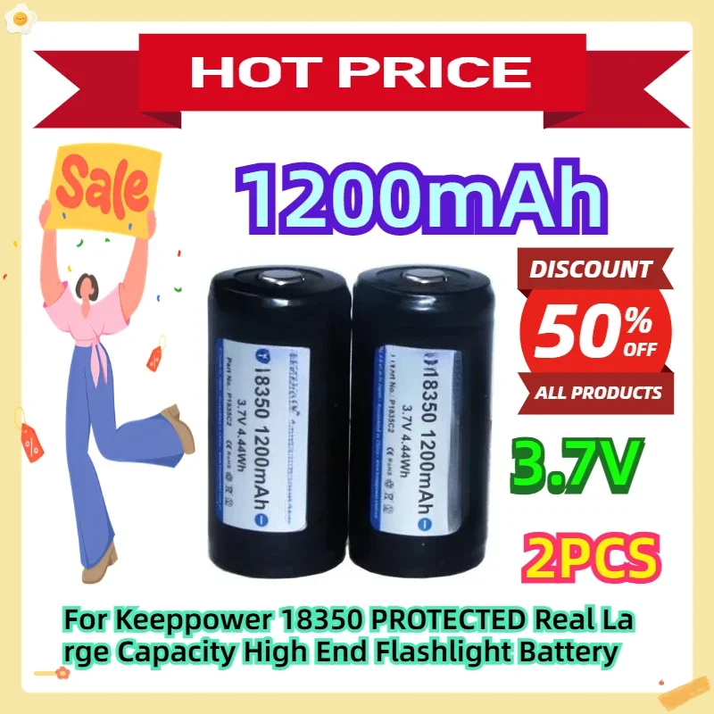 For Keeppower 18350 PROTECTED Real Large Capacity High End Flashlight Battery 3.7V 1200mAh 2pcs