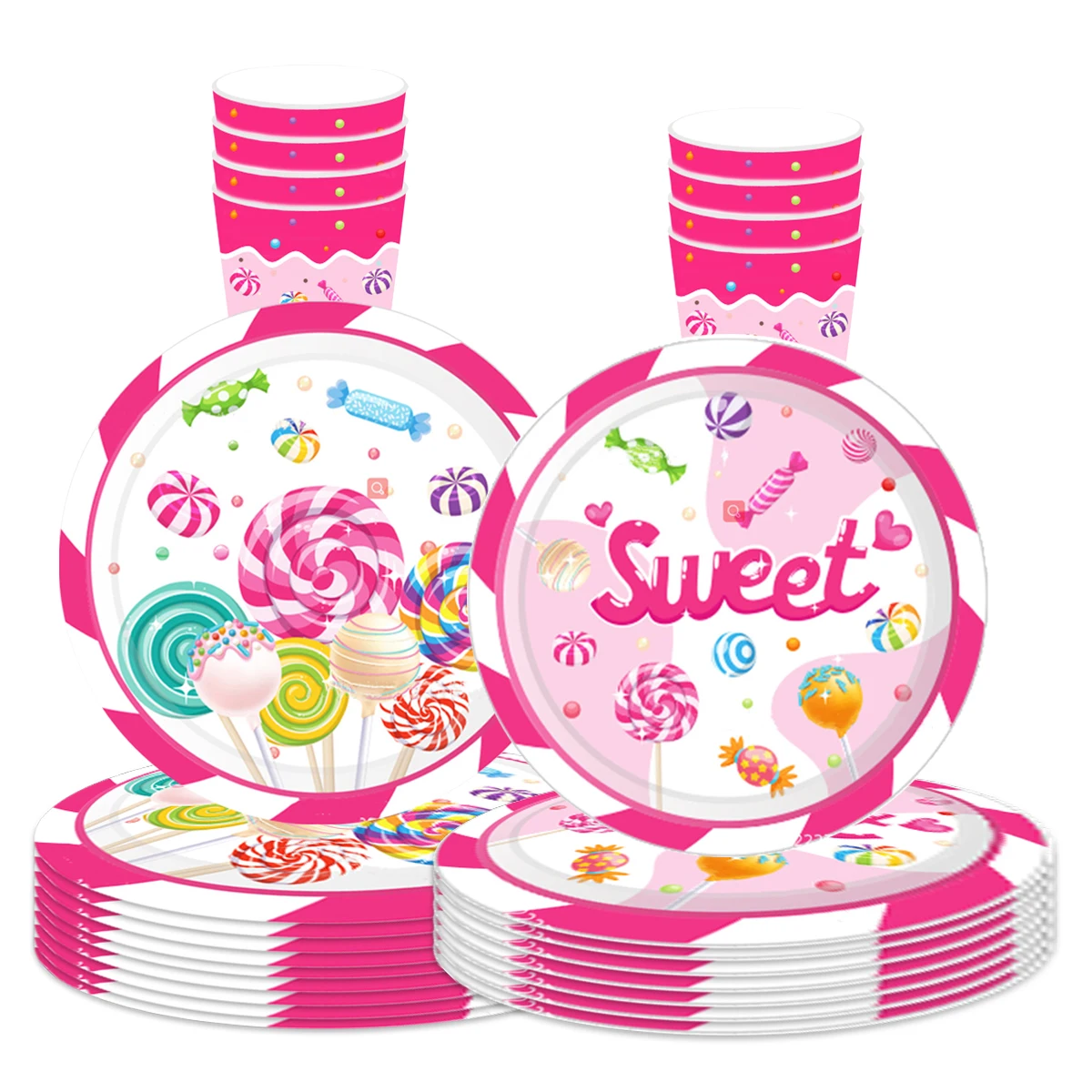 8Guests Lollipop Pink Disposable Tableware Sweet Candy Paper Plates Napkin Lollipop Theme Princess Happy Birthday Party Dec Girl