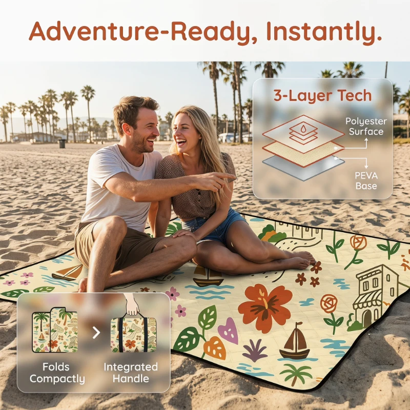 

Outdoor Camping Picnic Mat 2xm Extra Large Floral Print PU Waterproof Foldable Blanket with Carry Strap