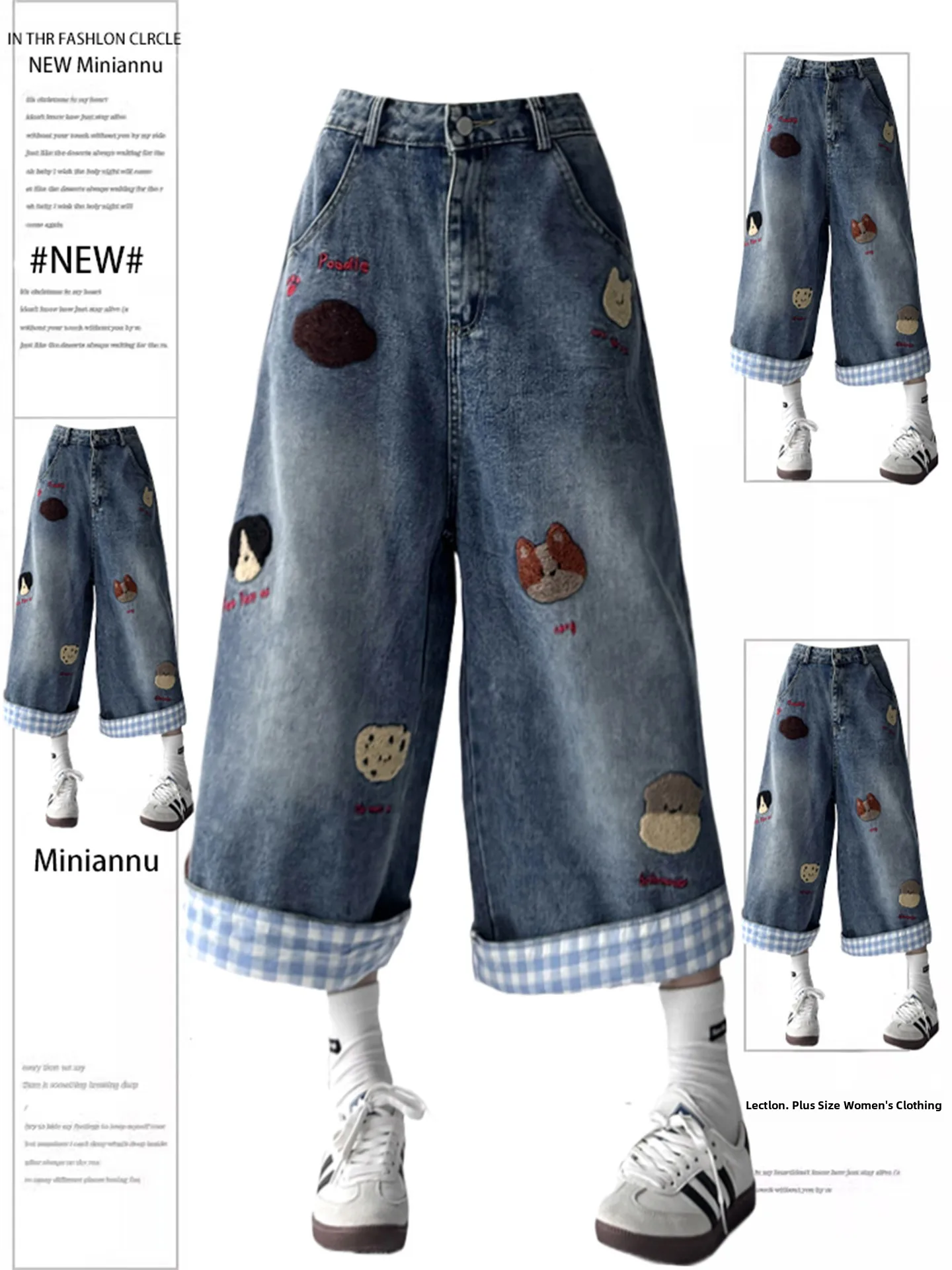 

Retro American Street Style Embroidered Dog Denim Shorts Loose Wide Leg Seven-Quarter Length for Women Spring Season
