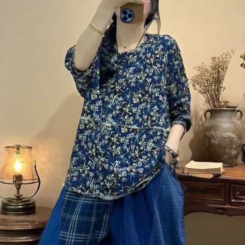 Masss Wasss Spring Vintage Fashion Floral Tops Ladies British Design Leisure Clothes Womens Classic Luxury Loose Causal TShirts