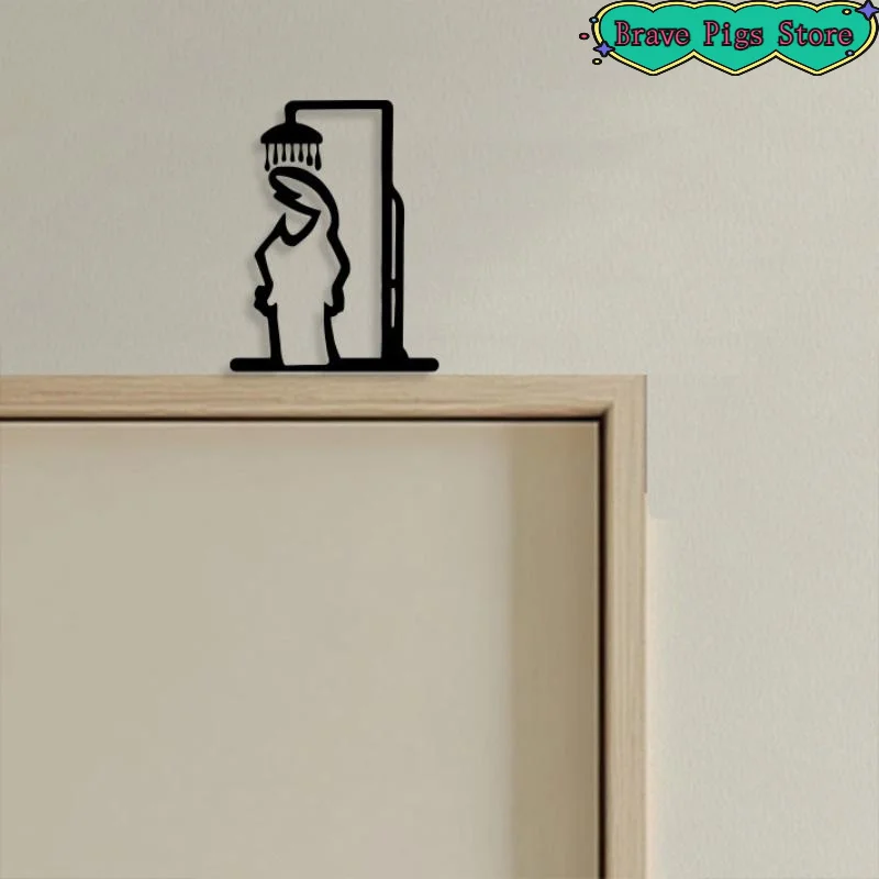 Black Shower Figure Wall Decoration Minimalist Line Metal Bathroom Sign Rustic Door Sign Funny Door Topper Home Decoration