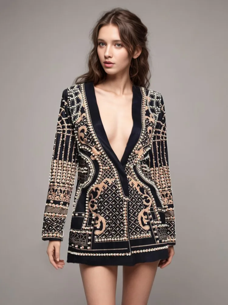 Summer Women New Style Palace Style Sexy Deep V-Neck Jacket Outerwear Fashion Printed Beading Long Sleeve Slim Fit Chic Coats