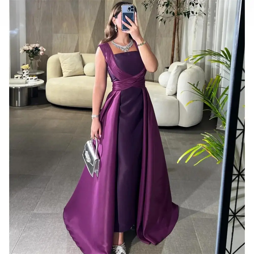 Maßgeschneidertes lila trägerloses A-Linien-Quinceanera-Kleid aus Satin mit Schleppe, ärmelloses Spaghetti-Kleid für besondere Anlässe, knöchellanges Kleid