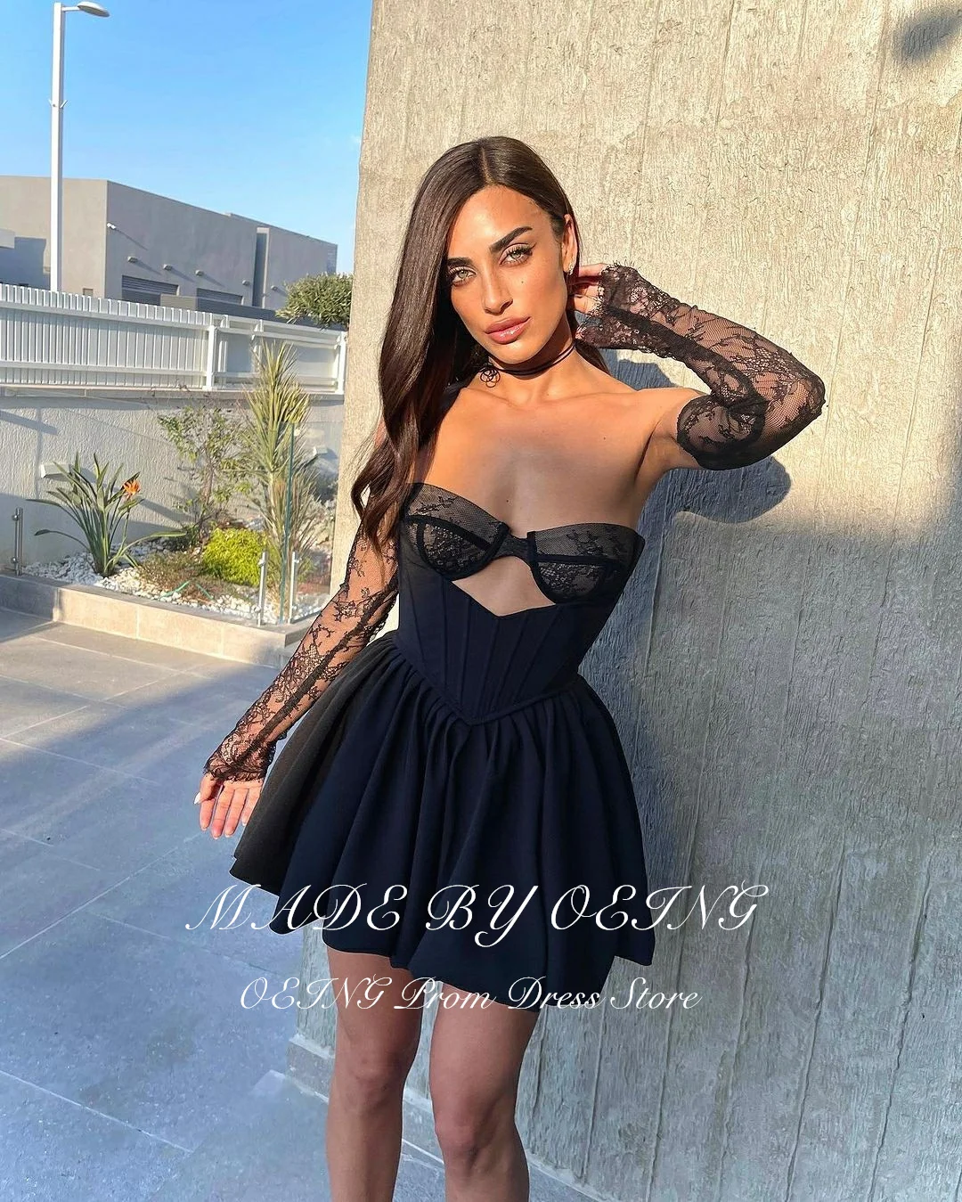 OEING Sexy Black Lace Mini Party Dresses Short Lady Cocktail Dress Night Event Formal Club Gowns Long Sleeves Formal Dress