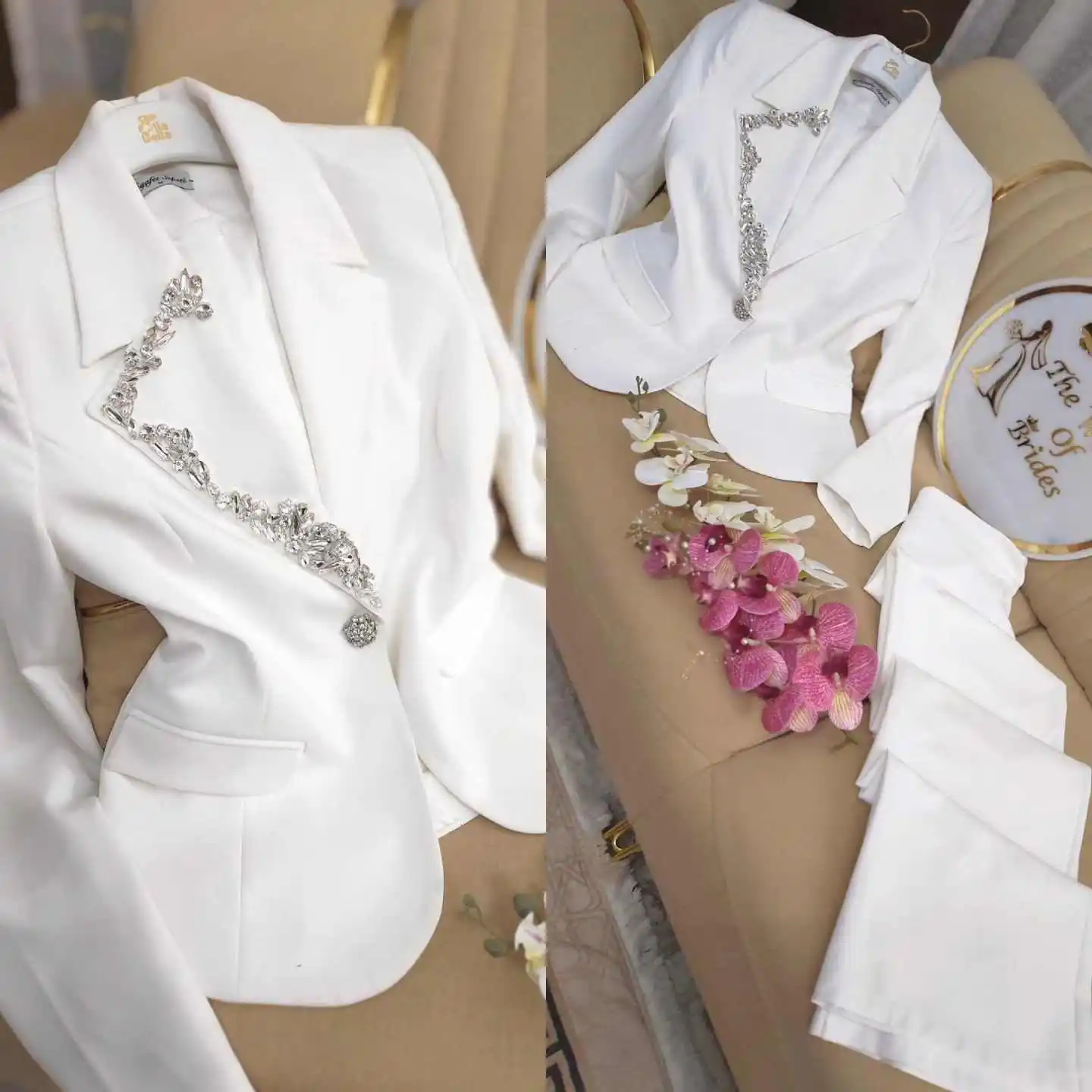 リアルピクチャー ワンボタン レディーススーツ 上下2点セット 高級クリスタルジャケット カスタムメイド パーティー フォーマルドレス