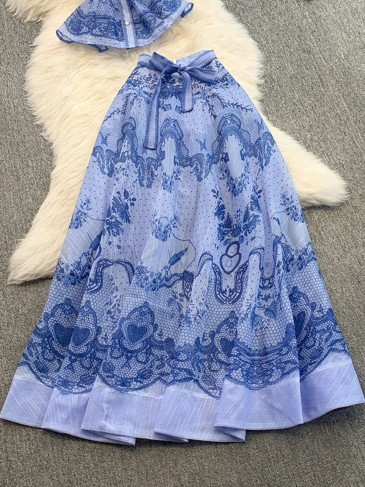 

High Waist ort irt Artistic Button Wide Hem Print Stand Collar Blouse Two Piece Set with Skirt for Young Women 8-25