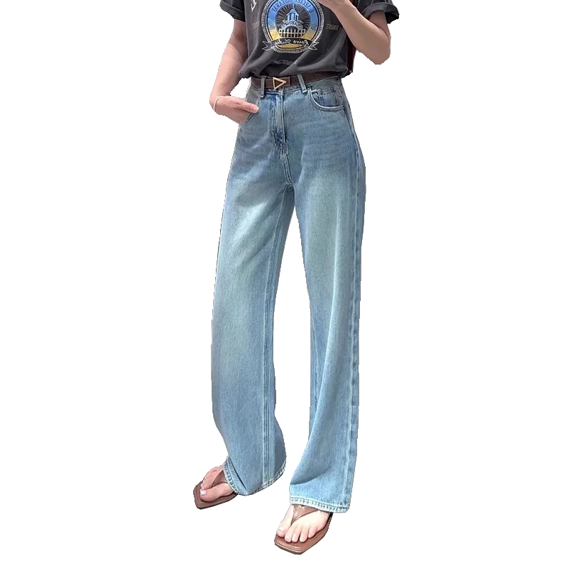 

Slim Wide Leg Denim Jeans Women Summer Thin Light Retro High Waist Pear ape Body Cover Hip down Loose Trousers Straight Leg
