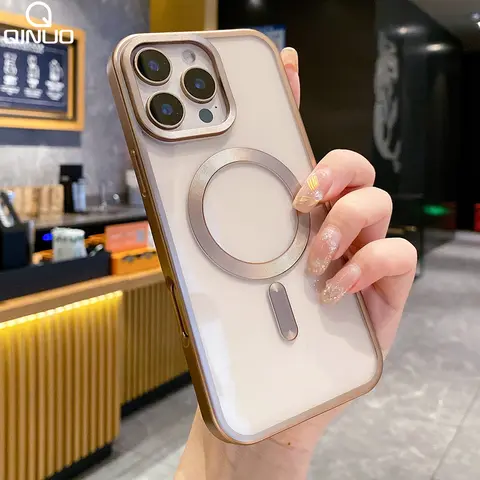 Funda transparente mate con revestimiento Magsafe de titanio dorado para iPhone 17 Air 16 15 14 13 12 11 Pro Max Plus, funda suave de carga magnética