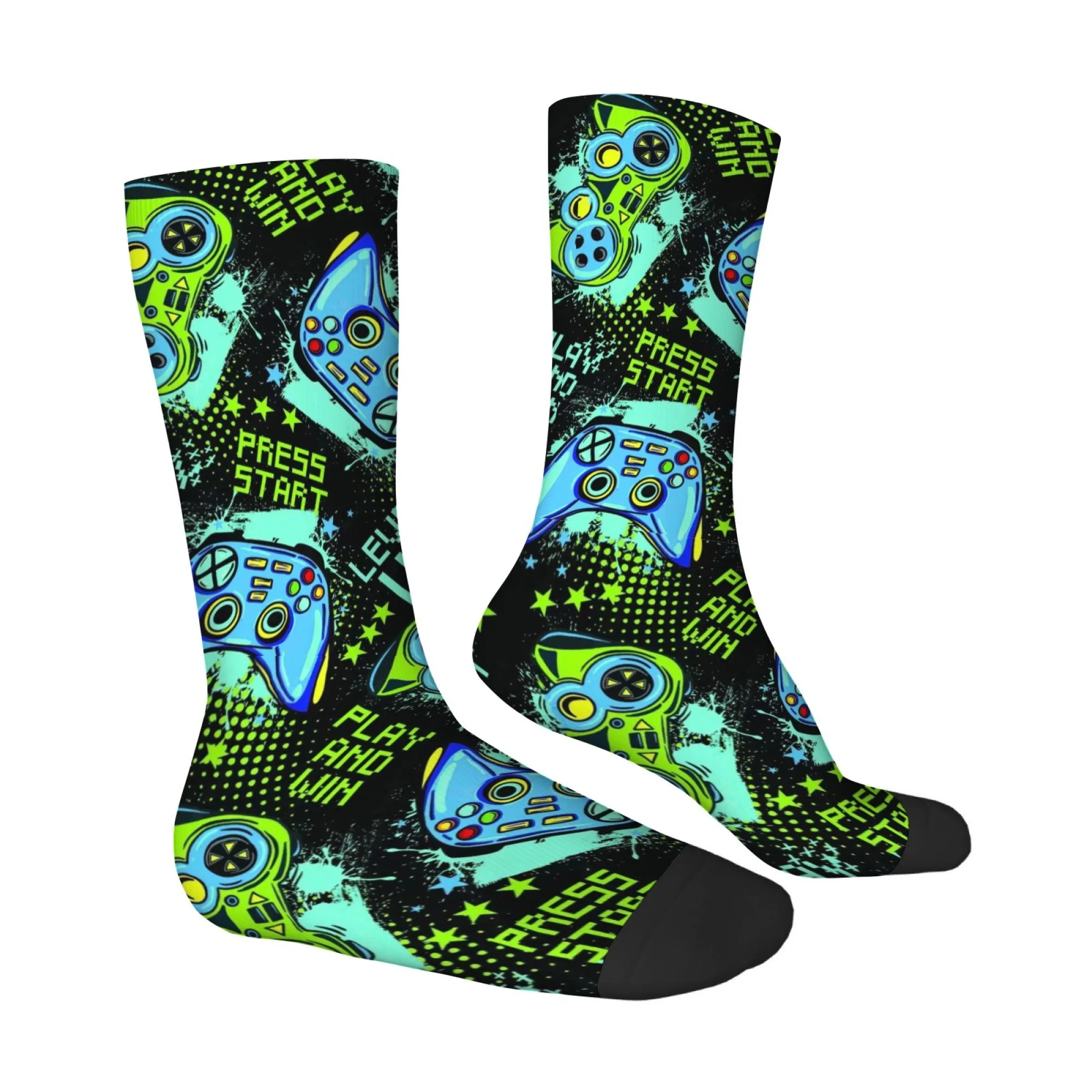 E-sports Themed Men Mid-calf Socks Fluorescent Print with A Game Controller Design Cyberpunk Trendy Feel for Gamers Gifts