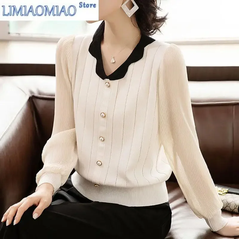 

Модные контрастные цвета, вязаная рубашка из ледяного шелка, женские однобортные женские свитера с длинным рукавом и v-образным вырезом, свободные ногти с бусинами