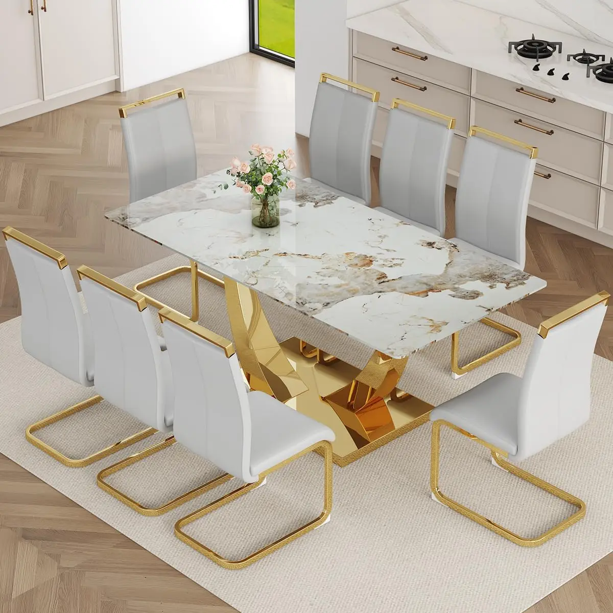 71” Dining Table Set for 8, Rectangular Dining Room Table Set for 8, Gold Kitchen Table and 8 PU Leather Chairs