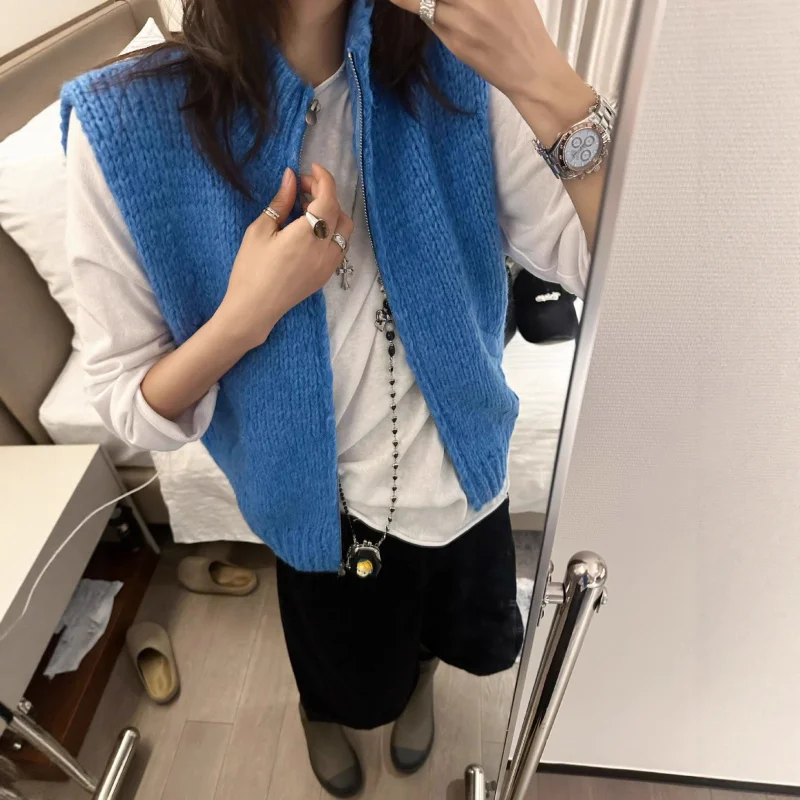 

Осенний новый стиль, вязаный жилет с отложным воротником/стойкой на молнии, женский универсальный многослойный свитер без рукавов, жилет, топ