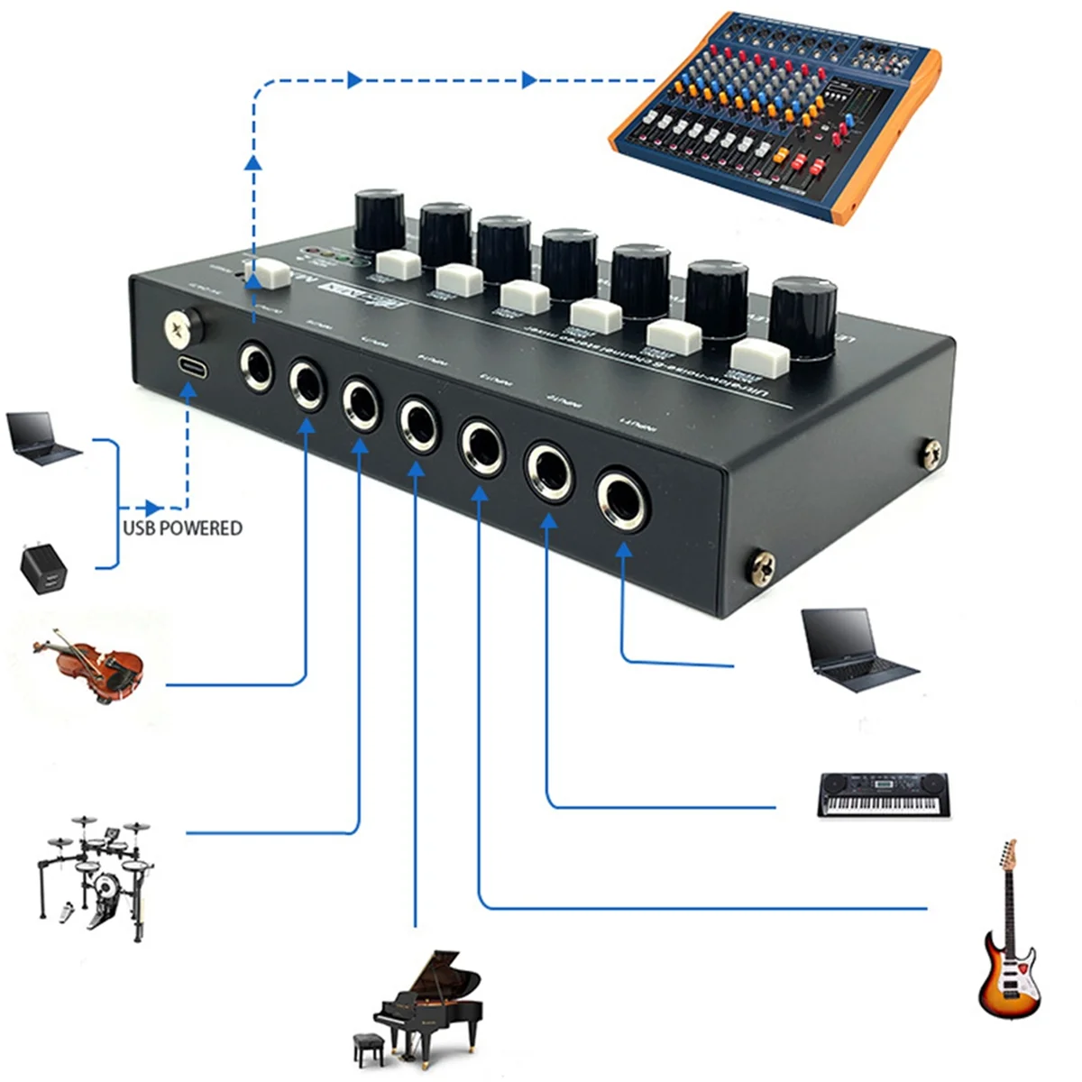 Mixer di linea Stereo a 6 canali a bassissimo rumore Mini Mixer audio professionale alimentatore DC5V Mixer Audios di facile utilizzo