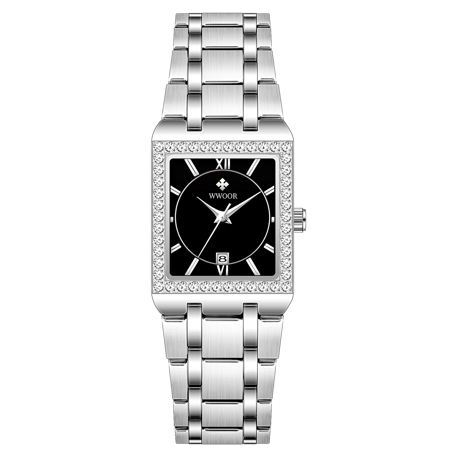 Fashion Women Watch WWOOR Ladies Quartz Square Diamond Bracelet Wrist Watch Waterproof Stainless Steel Calendar Relogio Feminino