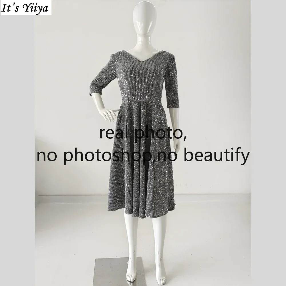 It's Yiiya Customized Real Photo Prom Dress Gray Sequins V-neck Pleat A-line Tea-length Plus size Women Party Formal Gown K149