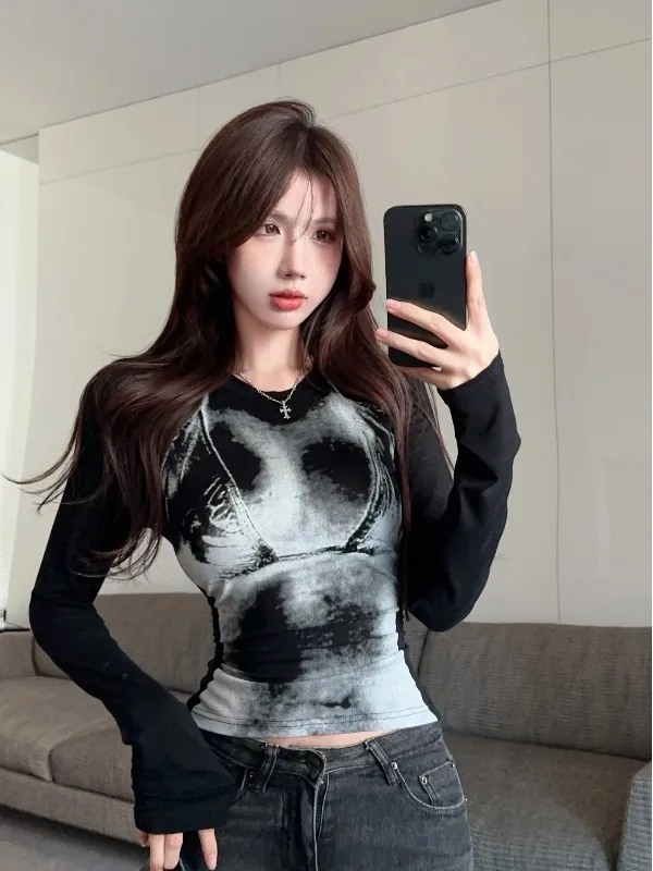 

Ретро-американская футболка с длинным рукавом и принтом в стиле Spicy Girl, облегающая, с цветными вставками на плечах, модный женский топ