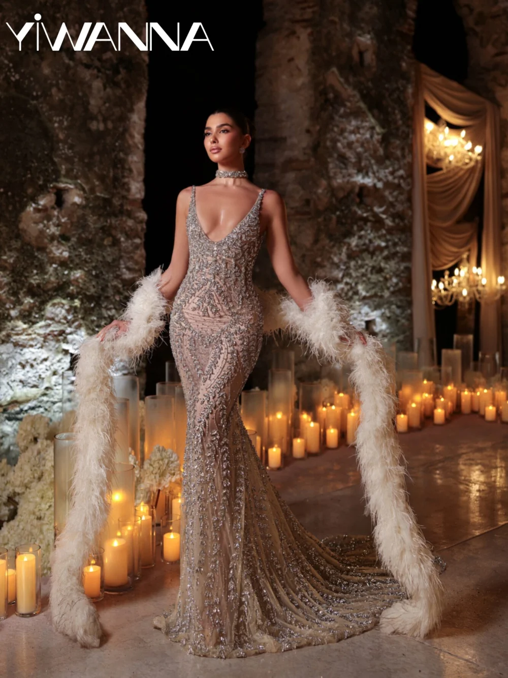 

Stunning Luxury Crystal Wedding Dress Without Shawl Sexy Deep Vneck Backless Evening Dresses Customized Dresses For Bride