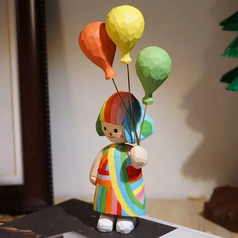 Creative Handmade Wooden Balloon Girl Sculpture Ornaments Living Room Bedroom Entrance Tabletop Girl Statue Crafts Birthday Gift
