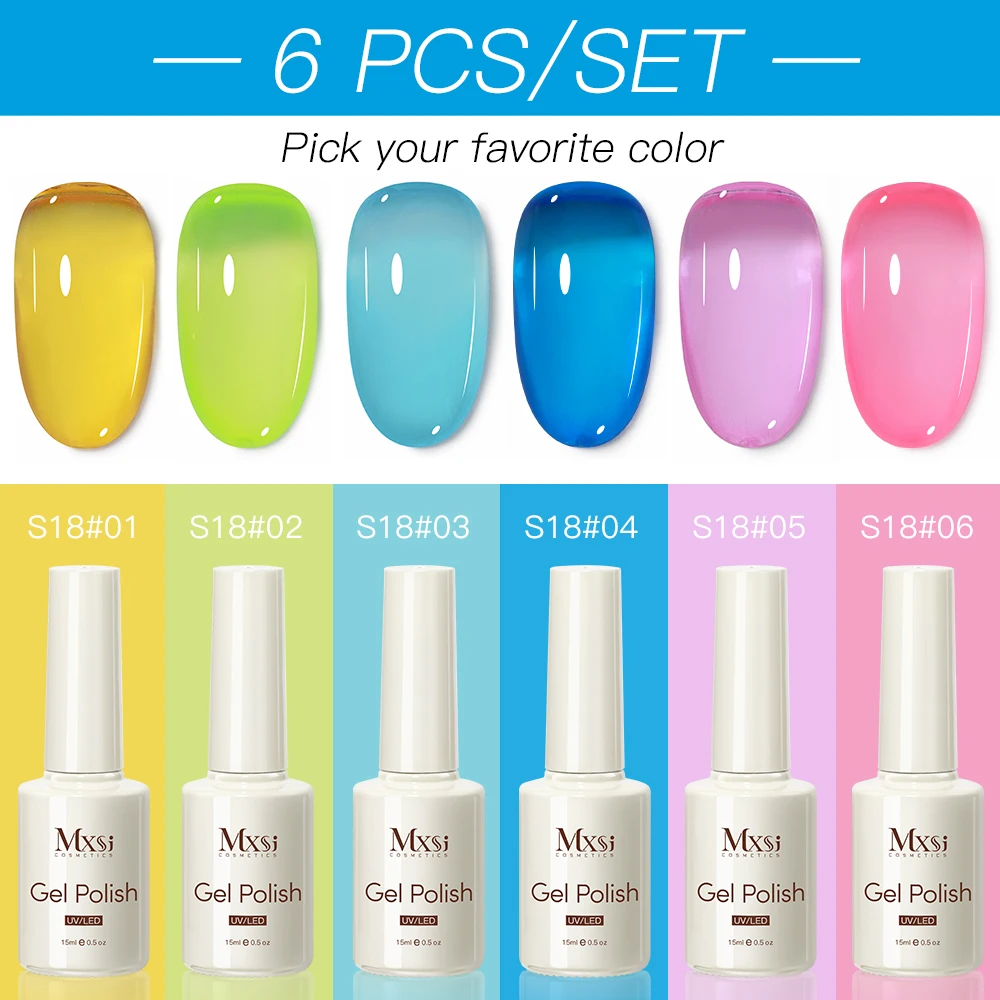 Mxsi 6Pcs/Set Neon Jelly Glass Gel Nail Polish Set Crystal Nude Pink Semi Permanent UV Gel Kit For Naill Art Manicure Vernis