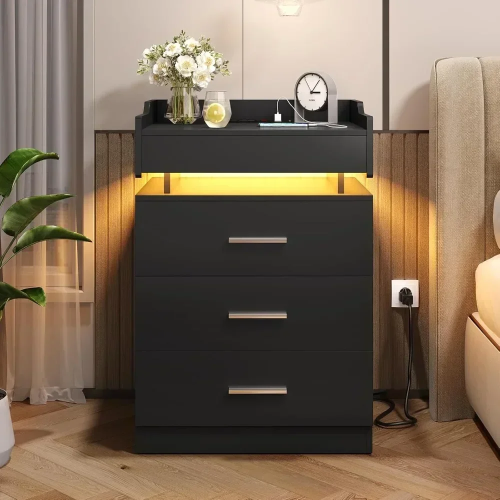 LED Nightstand, Large Night Stand with Charging Station, Bedside Table with Pull-Out Shelf and 3 Drawers, Modern Style