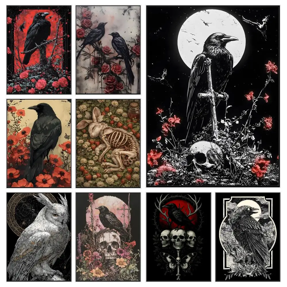 Gothic Art D-dark Art Floral Dead Crow Skeleton Gothic Animal Poster Trendy Aesthetic Wall Decor for Dorm & Bedroom