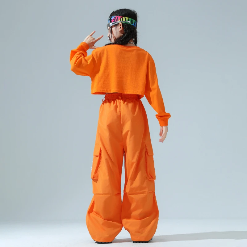 Neue Jazz Dance Kleidung Mode Mädchen Orange Crop Tops Cargo Hosen Streetwear Sets Gruppe Hip Hop Leistung Outfit Bühne Kostüm
