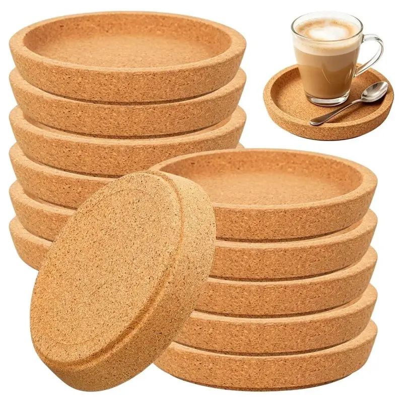 YANA50I Extra-Thick Round Cork Coasters(10 Cm)- 12-Pack With Raised Edges-Reusable,For Home, Restaurants